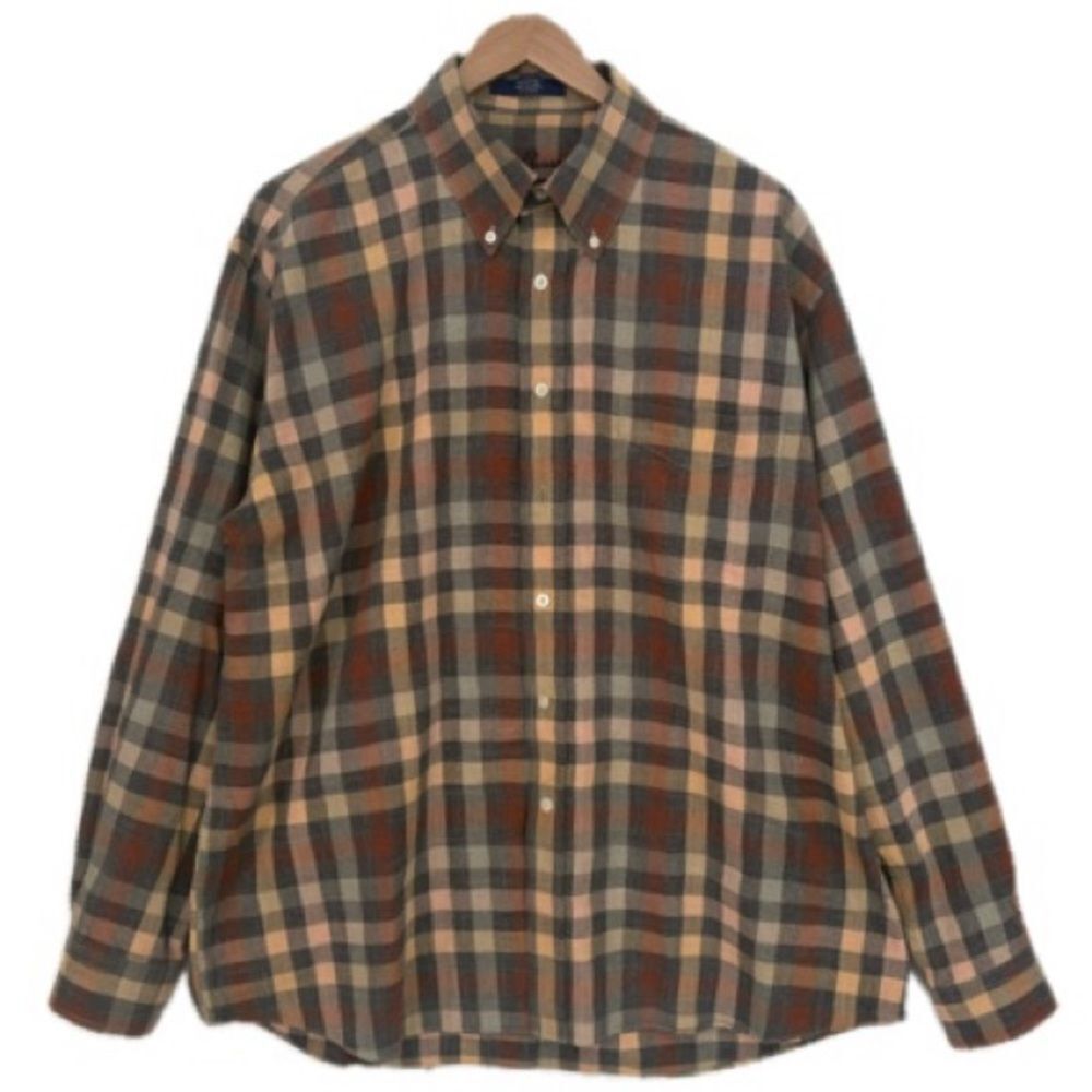 Alan Flusser Plaid Check Long Sleeve Button Down Shirt Mens Size XL Brown Tan